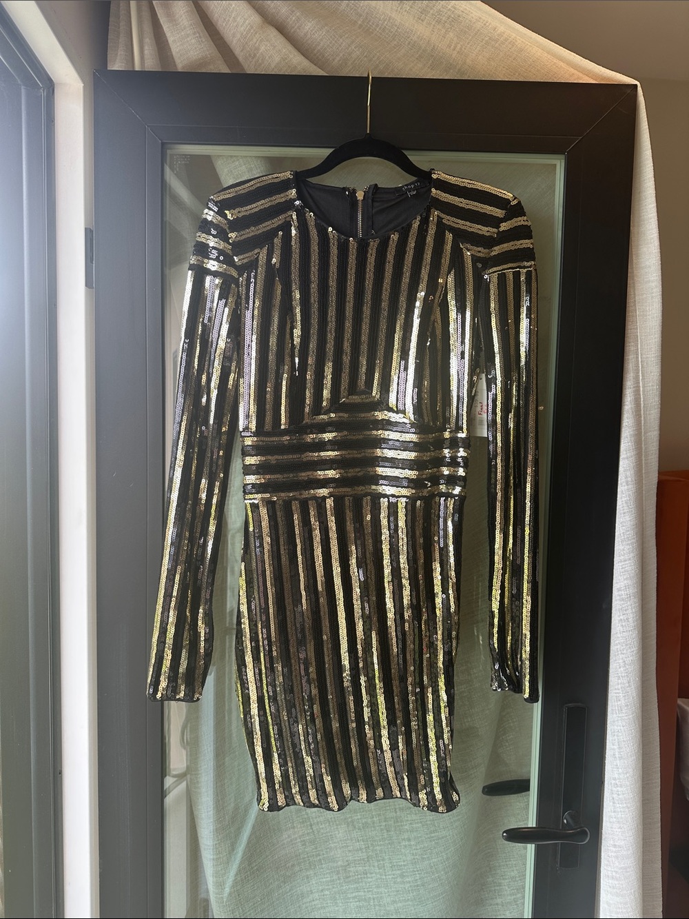 Black & Gold Sequin Striped Long Sleeve Dress